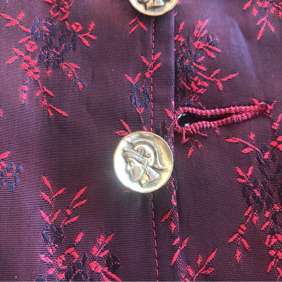 Vintage Western Vest Asian Red Black Floral Embroidered Silk Satin Gold Buttons - Picture 5 of 16